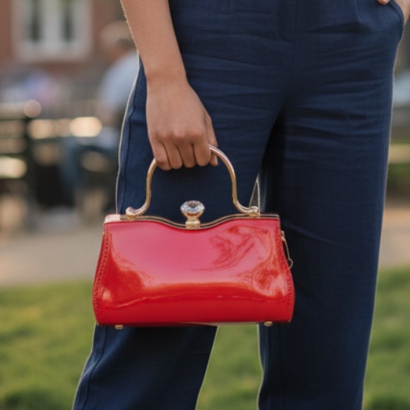 Red La Terre crossbody and evening purse with jeweled clasp New - Picture 3 of 6